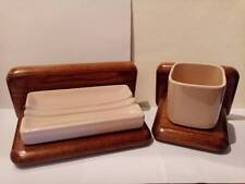 Set 2 accessori bagno vintage in legno massello e ceramica 