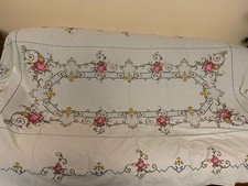 Tovaglia vintage rettangolare con ricamate rose a Punto Croce con 12 tovaglioli