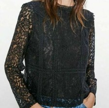 ZARA TOP BLUSA PIZZO MANICHE LUNGHE DONNA COL NERO TG M COME NUOVO