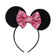 Cerchietto Orecchie Topolina Nero Paillettes Minnie Fiocco Rosa I.4821