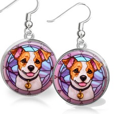 Jack Russel Terrier Earrings Dog Faux Stained Glass Art Print Sterling Dangle