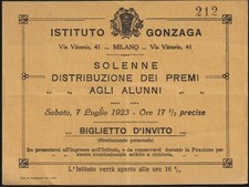 MILANO 1923 ISTITUTO GONZAGA - BIGLIETTO D' INVITO PER DISTRIBUZIONE PREMI