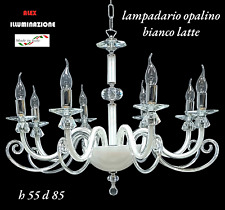 LAMPADARIO CRISTALLO 8 LUCI OPALINO BIANCO LATTE CROMO SOSPENSIONE ARTIGIANALE