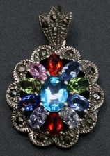 Pendente Da Collana In Argento 925 Con Pietre Multicolore - Vintage Anni 50/60 