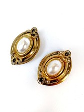 Orecchini Vintage Dorati Con Perla Grandi Clip-on Earrings Pearl Oval Strass Gol