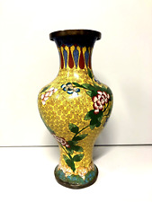 ANTICO VASO CINESE BRONZO CLOISONNE SMALTO POLICROMO DECORO FLOREALE su GIALLO