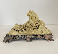 ANTICA COMPOSIZIONE INTAGLIO PIETRA SAPONARIA PAESAGGIO ARTE ORIENTALE 19x11cm/h