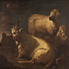 Paesaggio bucolico animali capre quadro antico olio tela pittura 600