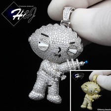 CIONDOLO UOMO ARGENTO STERLING 925 ZIRCONI GHIACCIATI PLACCATO ORO/ARGENTO 3D STEWIE GRIFFIN*P436