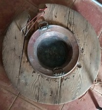 Antico Braciere In Legno Con Conca In Rame E Molletta Per Brace Completo