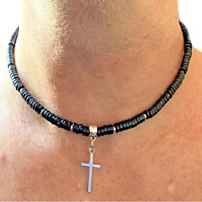 Collana con croce rosario nera da uomo donna catenina lunga 45 cm di perline