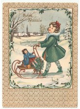 1956 cartolina Buon Natale bambina slitta pacco regalo bambola vischio