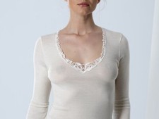 Maglia manica lunga da donna in lana seta con bordo ricamato Emmebivi canottiera