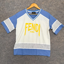 Fendi Camicia Uomo Grande Roma Maglia Scollo V Giallo Blu Bianco Hockey Designer Tee