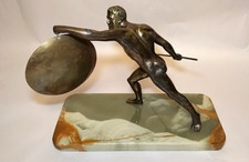 Vintage Borghese Gladiator Bronze Colored Metal Sculpture Polished Jadite Base