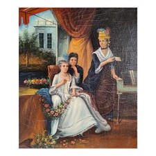 Quadro Dipinto a Mano Olio su Tela 50x60 cm Tre Dame Ricamo Fiori Made in Italy