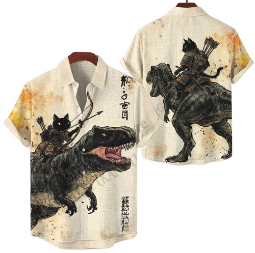 Samurai cat rex camicia - cat, t-rex