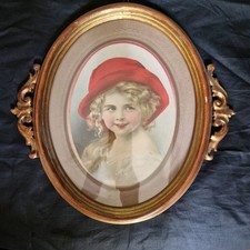 Antico Quadro Stampa con cornice in legno Ovale 34x34 Cm