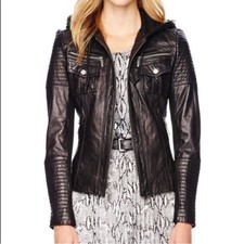 Giacca moto Michael Kors vera pelle nera con cappuccio XS