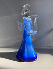 STATUETTA FIGURA ANGELO PORTACANDELA VETRO SOFFIATO MURANO BLUE GLASS ANGEL 23cm