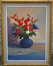 FRANCO BIONDI (1932-1987) - FIORI - GLADIOLI ROSSI - VECCHIO QUADRO DIPINTO OLIO