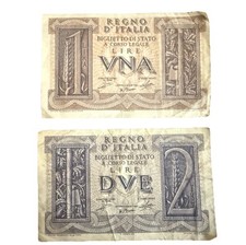 Banconote italiane vintage - Regno d'Italia banconote da 1 e 2 lire - rare epoca seconda guerra mondiale - vf20