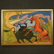 Dipinto moderno arte contemporanea quadro cavallo toro cornice XX secolo