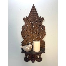 Mensola da parete vintage in legno intagliato a mano ornato legno scuro alta 27" Boho etnica Indonesia