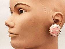 Orecchini Clip-On Rotondi In Plastica Rosa Con Strass In Ottone Vintage Anni '50