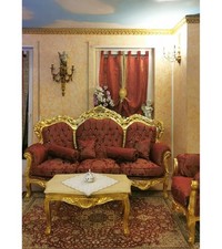 Divano Barocco 3 Posti in Legno Massello Foglia Oro, Tessuto Damascato Giglio Fi