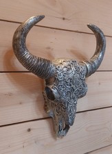 Teschio di Toro Poliresina Testa di Toro Trofeo con Tribale, In/Outdoor33x27x10cm Nuovo