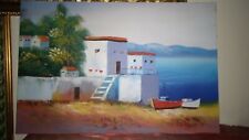 Quadro paesaggio marina barche Dipinto a Mano Olio Su Tela  60x90 CM con telaio