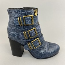 Stivali boho Sisley blu pelle di coccodrillo alla caviglia fibbia zip tacco impilato 38 UK5