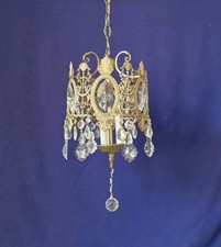 Lampadario antico in ottone e cristallo con plafoniera, petali di candela