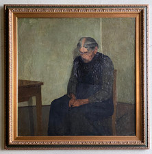 GRANDE QUADRO OLIO Gigi Comolli "L'Attesa" RITRATTO ANZIANA ROSARIO PREGHIERA