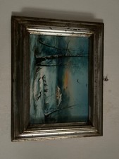 ANTICO DIPINTO OLIO VEDUTA  INVERNALE  con vetro e cornice lignea 38x46cm