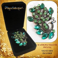 SPILLA GRANDE STILE VINTAGE VERDE UCCELLO PAVONE STRASS Antique Style Brooch Pin