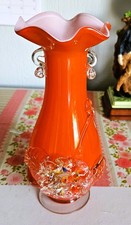 Vaso in vetro artistico arancione stile Murano vintage bordo increspato altezza 19,5 cm con decoro 3D