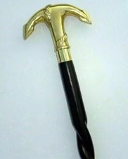 Bastone da passeggio in ottone e legno con piastra di ancoraggio stile vintag...