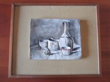 BOTTIGLIA E ALTRI RECIPIENTI LASTRA DI CERAMICA DIPINTA FIRMA " BAFFETTI 68 "