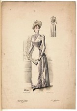 Stampa antica MODA FRANCESE DONNA abito bianco con ricami 1889 Old antique Print