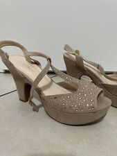 Sandali donna tacco alto plateau beige con strass.