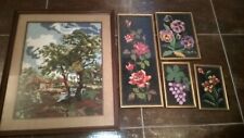 LOTTO 5 QUADRI PUNTO CROCE FLOREALI, FIORI, GRAPPOLO UVA, PAESAGGIO BOSCO MULINO