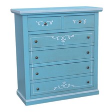 CASSETTIERA CINQUINO IN LEGNO AZZURRO ANTICATO DECORATO PROVENZALE 4+2 LARGA