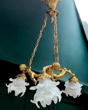 Lampadario Antico in Ottone Massiccio a Tre Luci con Rose Francesi Stile Liberty