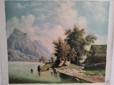 Dipinto a mano paesaggio lago ALPINO Olio su tela Quadro classico 50x60 cm