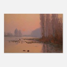 Quadro paesaggio curva fiume all'alba con luce calda e nebbia mattutina, primo mo