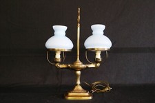 antica lampada 2 lumi scrittoio tavolo paralume opalino azzurro decò ottone 1930