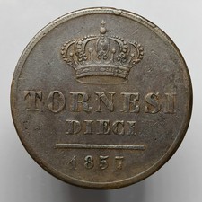 10 Tornesi 1857, Ferdinando II Due Sicilie Napoli Borbone Rame