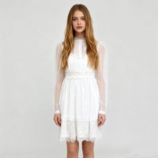 Abito donna TWINSET in pizzo con volant taglia 44 bianco al ginocchio foderato nuovo con etichette